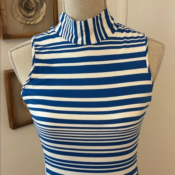 Bebe Nautical Blue White Striped Midi Dress Mock Neck Bodycon - Picture 3 of 7